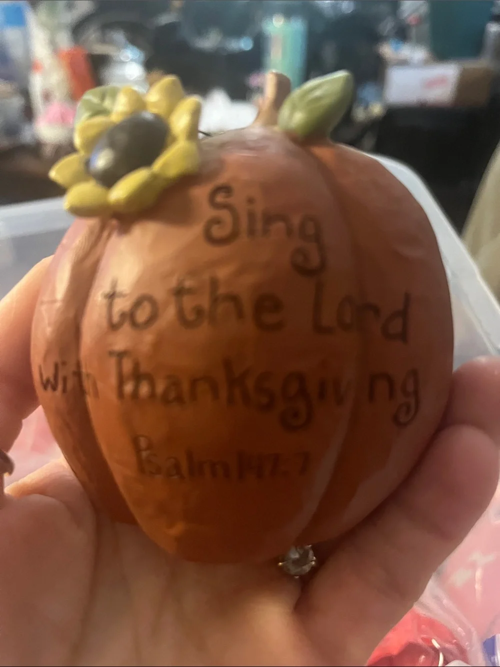 Thanksgiving Pumpkin Figurine with Sunflower Accent scripture Psalms 147.7 309